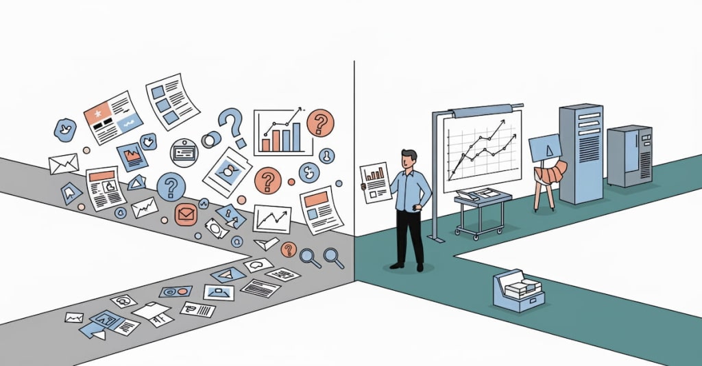 An illustrated concept of a crossroads where one path is cluttered with random marketing materials (flyers, social media icons, graphs with question marks), and the other path is clean and structured, leading to a confident marketing leader holding a strategic plan.