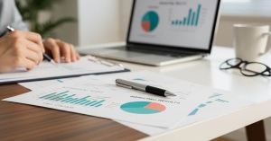 Photo of sales and marketing metrics printed on paper with graphs highlighted in teal and coral, on a clean desk with a laptop in the background.
