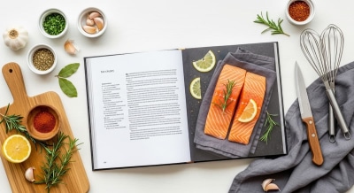 An open cookbook oen to a recipe for salmon